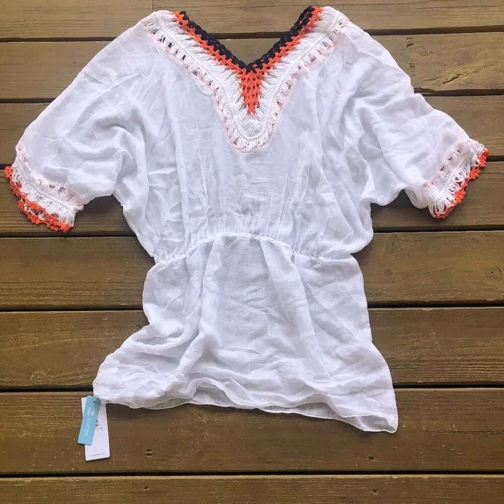 NWT Cupshe White Bathing Suit Coverup with Orange and Navy Accent